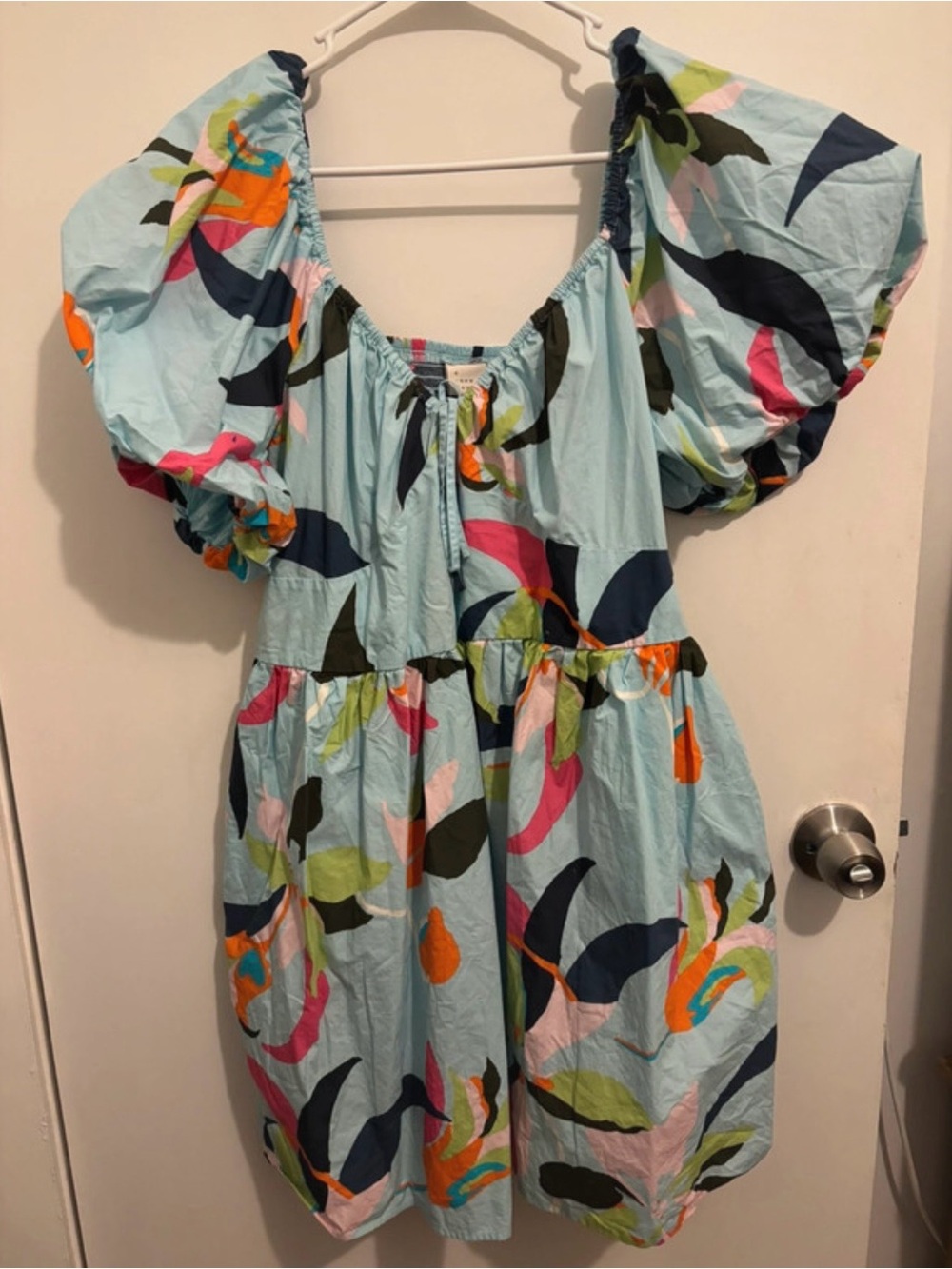a new day Light Blue Tropical Print Dress with Puff Sleeves